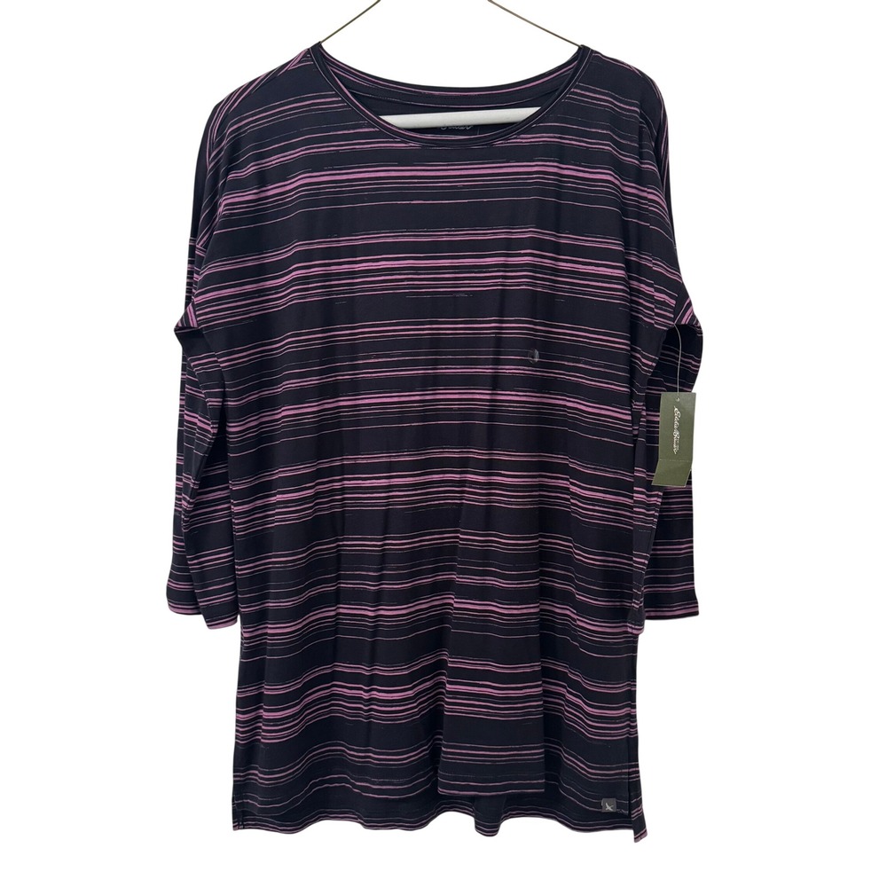 Eddie Bauer Top Womens S Purple Striped 3/4 Sleeve Cotton Outdoors Hiking‎ NWT